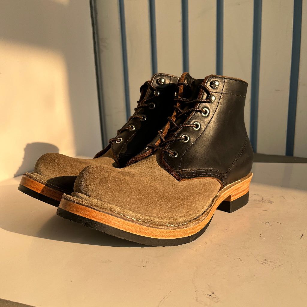 Men’s Custom Goodyear Welt Suede Patchwork Leather Footwear, Thick Sole Pointed Derby Shoes, Vintage Work Motorcycle Boots Bespoke Made