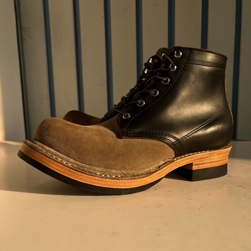 Bespoke Suede Patchwork Goodyear Welt Men’s Pointed Thick Sole Work Motorcycle Boots