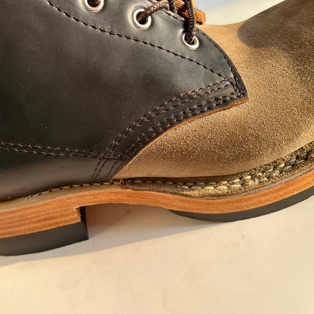 Hand Bespoke Goodyear Welt Suede Patchwork Pointed Thick Sole Men Derby Motorcycle Work Leather Boots