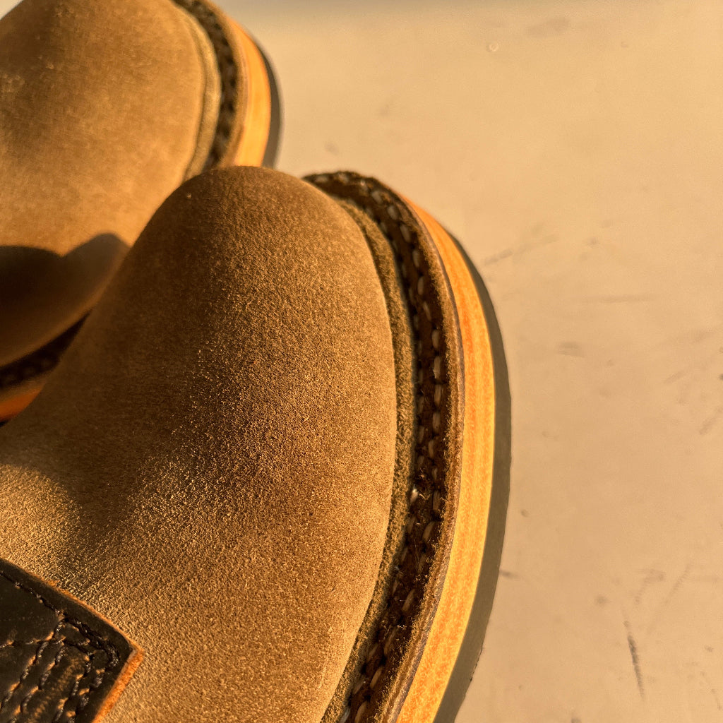 Artisan Custom Made Goodyear Welt Suede Spliced Leather Pointed Toe Chunky Sole Moto Work Derby Boots