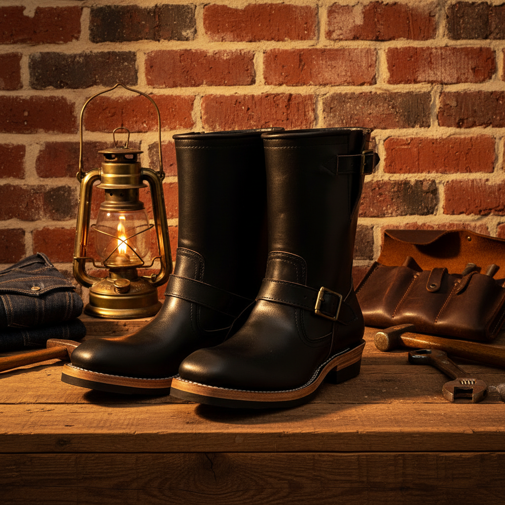 Premium Horse Leather Engineer Boots – Goodyear Welted Mid-Calf Motorcycle Boots with Double Buckles, Vintage Americana Workwear Style